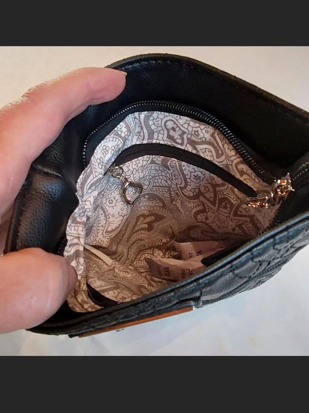 NWOT Bella Russo Black Quilted Crossbody Bag Heart Charm
